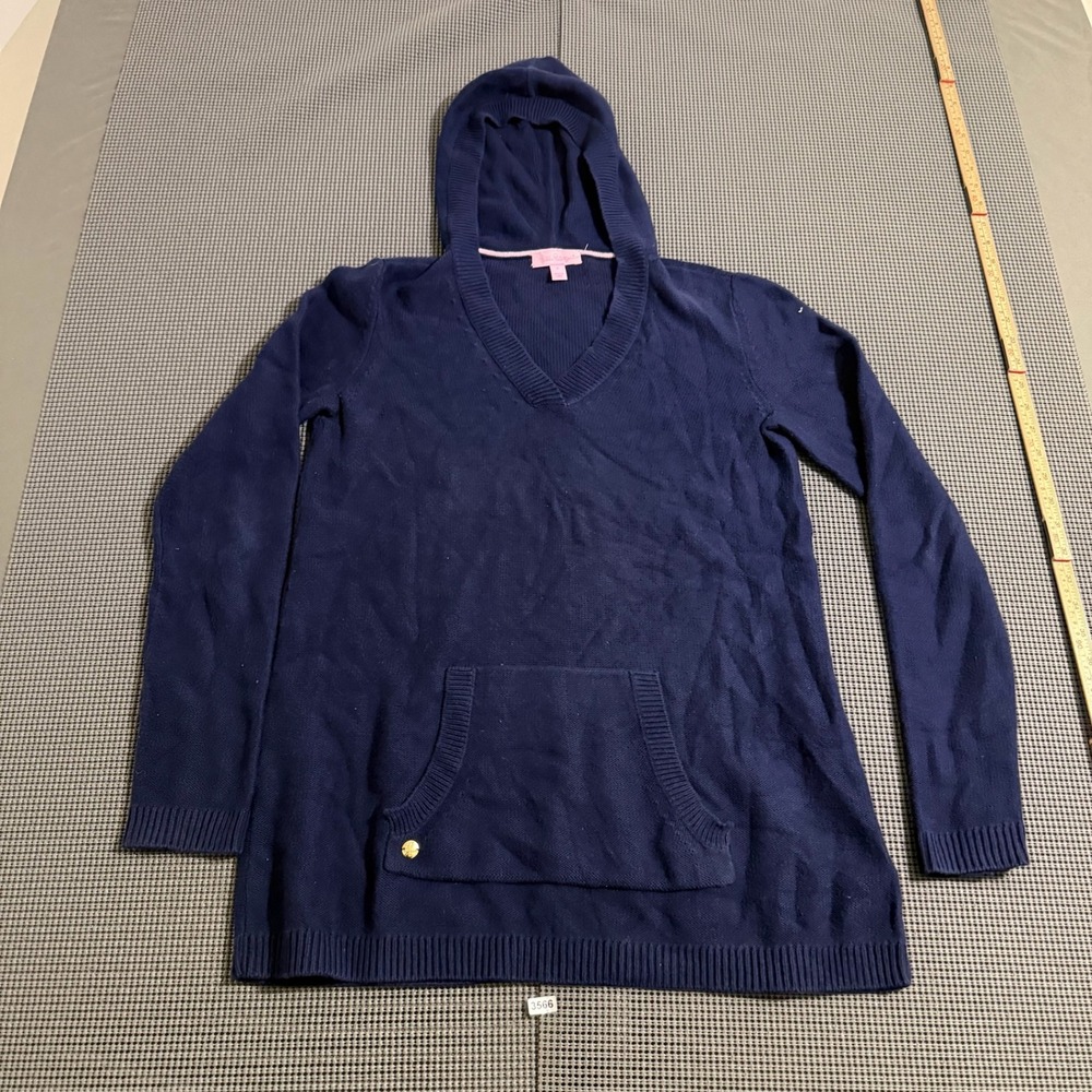 Lilly Pulitzer Womens Navy Blue Knit V-Neck Hoodie Sweater Size S